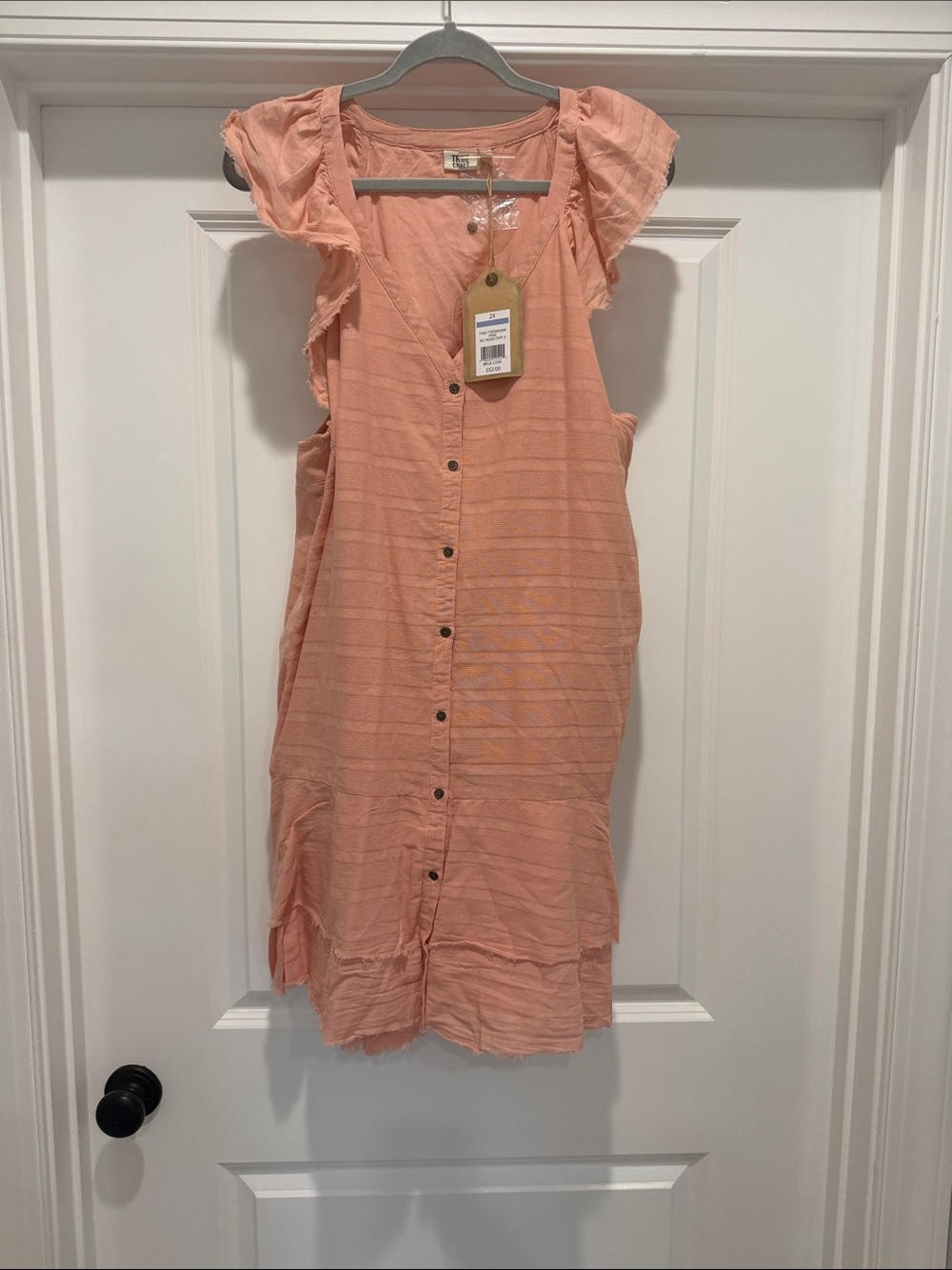 True Craft Peach Button-Front Ruffle Sleeve Dress